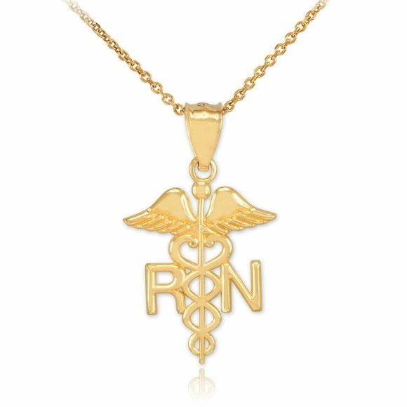 14k Yellow Gold RN Registered Nurse Caduceus Symbol Medical Red Enamel Curb Cuban Link 5.9mm ID Emergency Alert Bracelet Engravable Identification Nam 14K Solid Yellow Gold Registered Nurse Caduceus Paramedic Rn